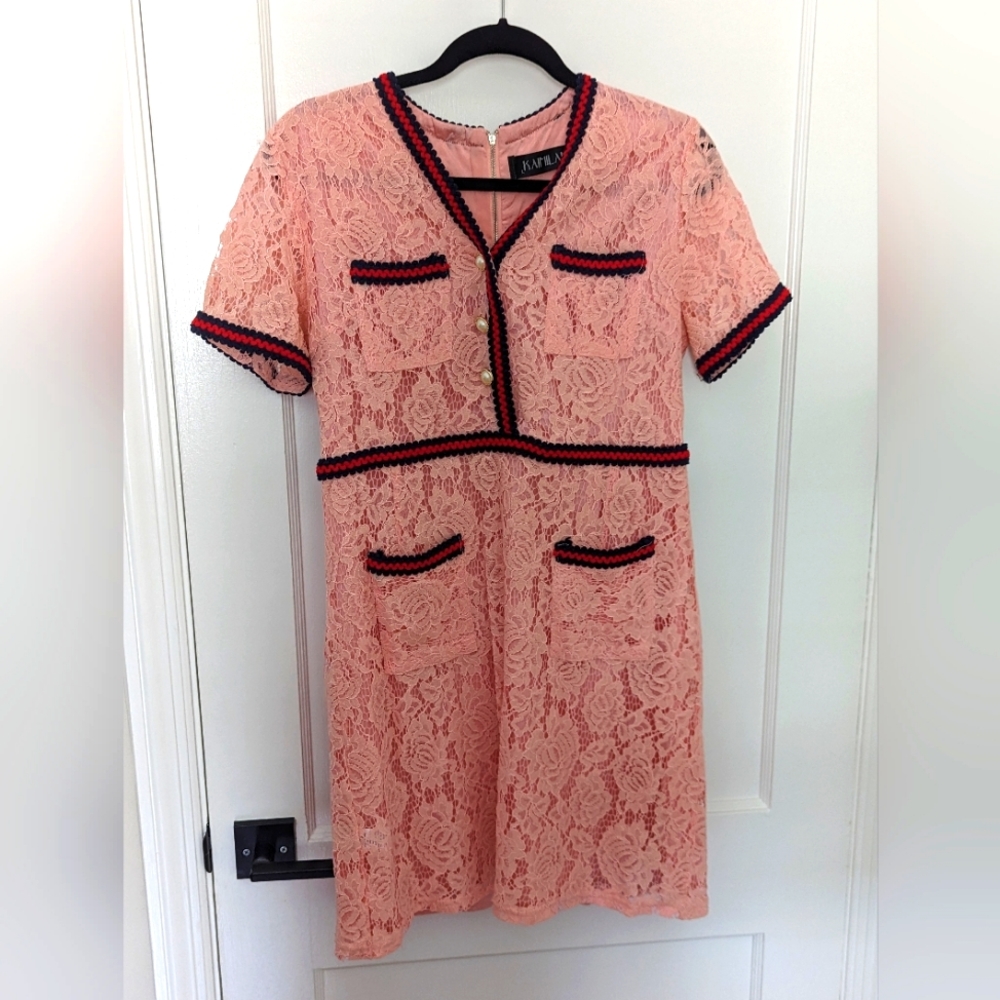 KAIMILAN pink lace mini dress LARGE  Short sleeve V neck Back zip Pockets Lined